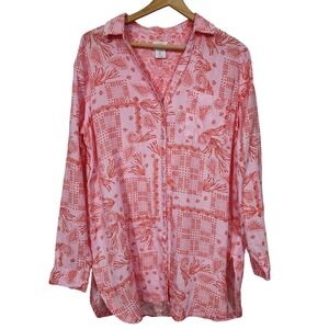 Sigrid Olsen 100% Linen Pink Coral Seashell Button Down Shirt Women's L Coastal